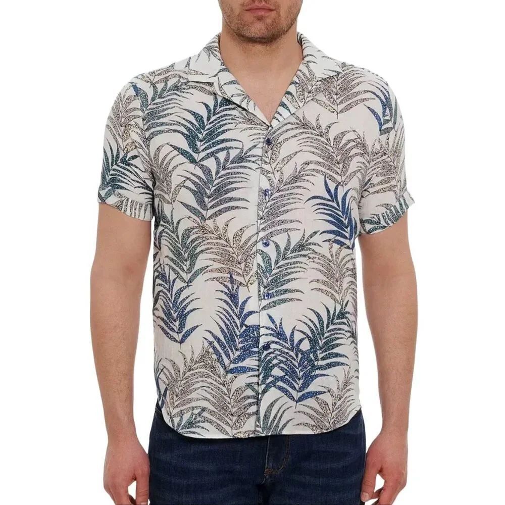 Robert Graham Men Mar Azul Cotton Cheetah Palm Leaf Button Up,Large